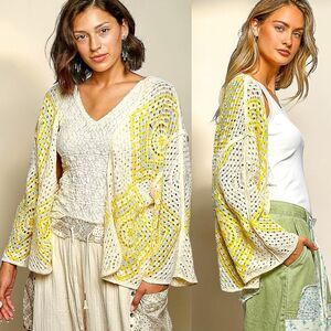 POL Granny Square Crochet Cardigan Yellow Boho Open Front Cottagecore NEW
